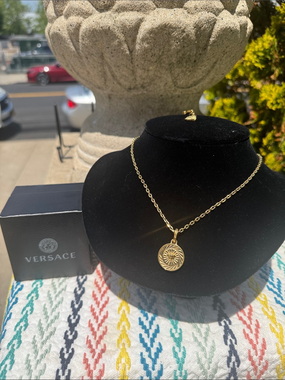 Versace Gold Plated Sunburst Medallion Pendant Necklace